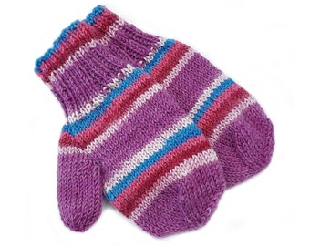 Purple Striped Baby Mittens With Thumb, 9 Months