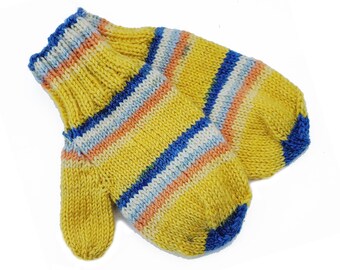 Yellow and Blue Stripe Toddler Mittens With Thumb, 9 to 12 Months