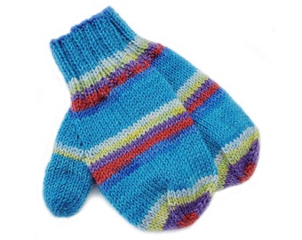 Blue Striped Baby Mittens With Thumb, 9 Months