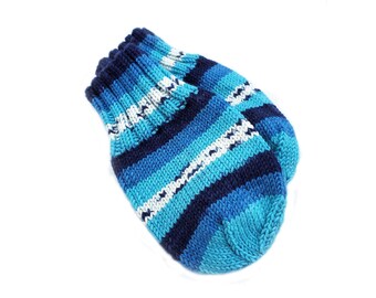 Blue Striped Baby Mittens, 12 Months