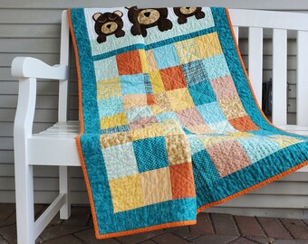 Kid's Patchwork Quilt With Appliqued Teddy Bears