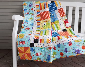 Funny Monsters Patchwork Quilt in Blue