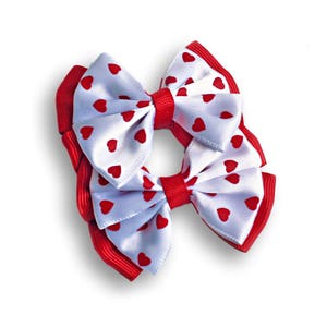 Valentine's Day Overlay Quad Hair Bows Set of 2, Red Hearts on White image 2