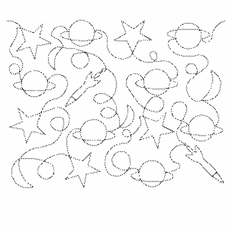 Drawing of quilt stitching pattern with loops, stars, rockets, moon, and planets