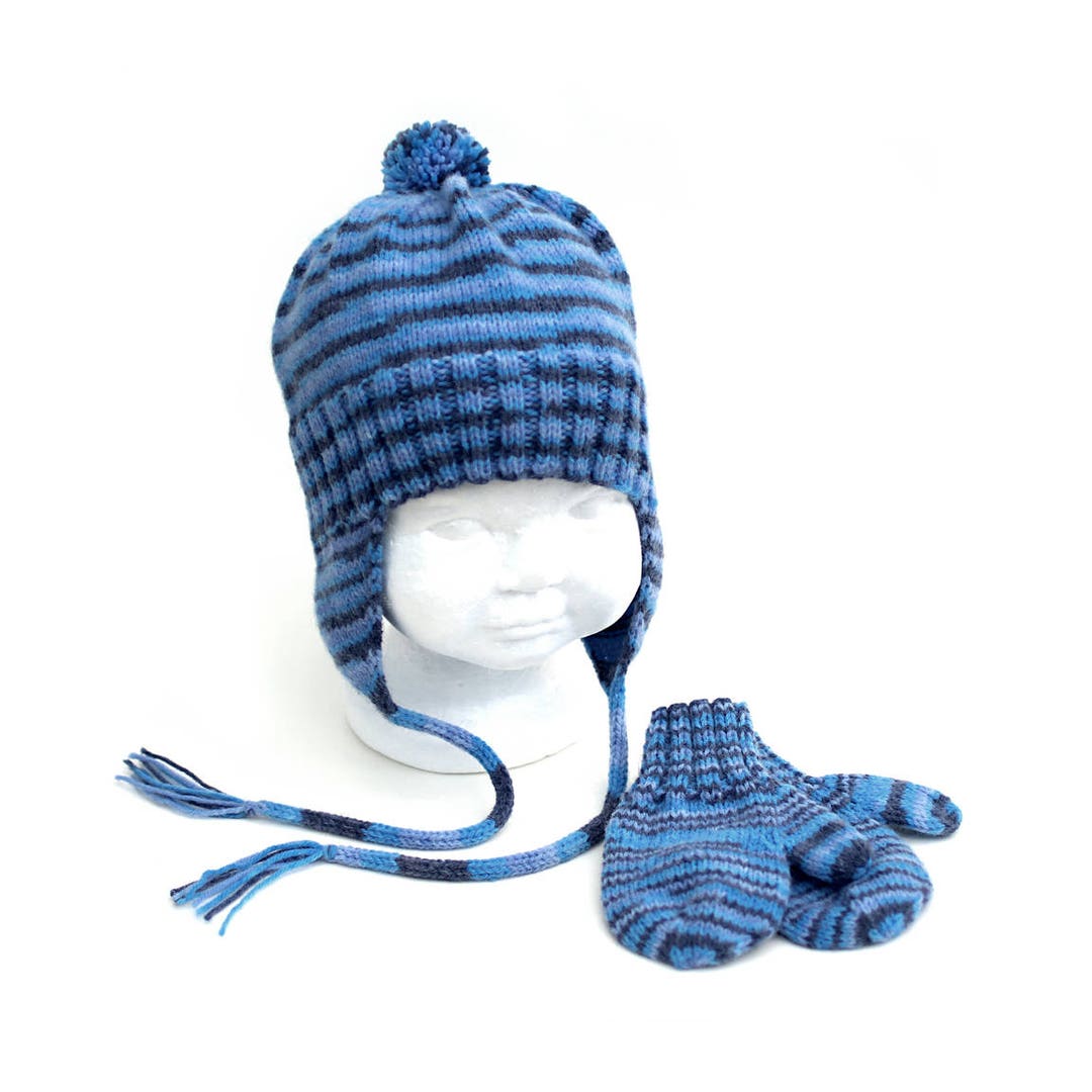 Blue Striped Ear Flap Hat and Mitten Set - Etsy