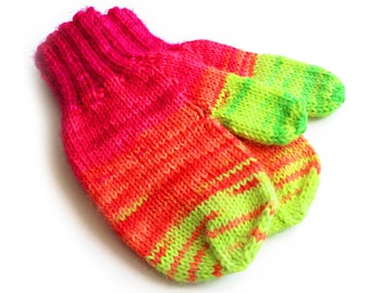 Neon Rainbow Handknit Wool Thumbed Mittens, Toddler 9 to 12 Months