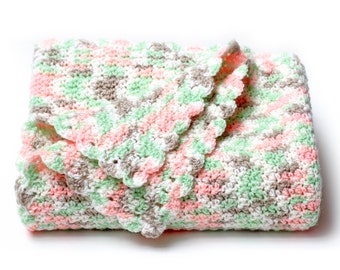 Crocheted Travel Size Baby Blanket, Peach and Mint Green