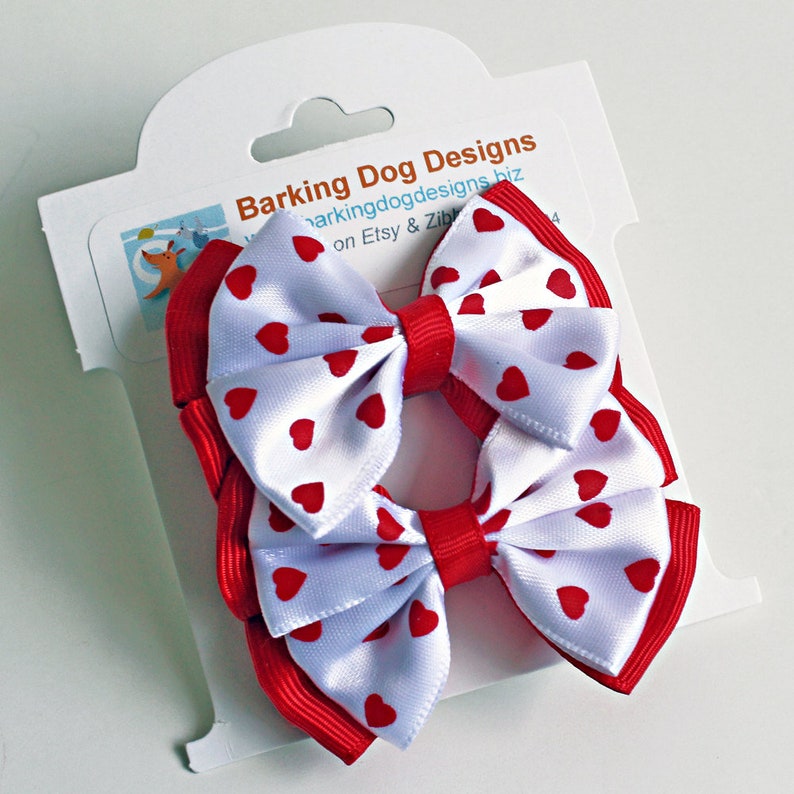 Valentine's Day Overlay Quad Hair Bows Set of 2, Red Hearts on White image 6