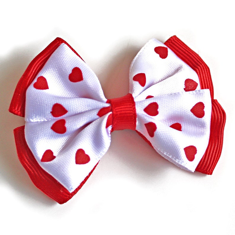 Valentine's Day Overlay Quad Hair Bows Set of 2, Red Hearts on White image 1