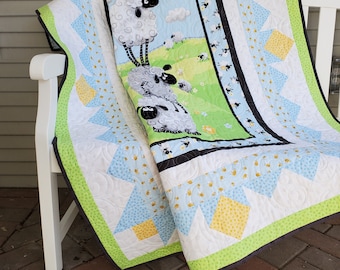 Handmade Sheep Baby Quilt: Patchwork Cotton Blend, 47.75x57.25"