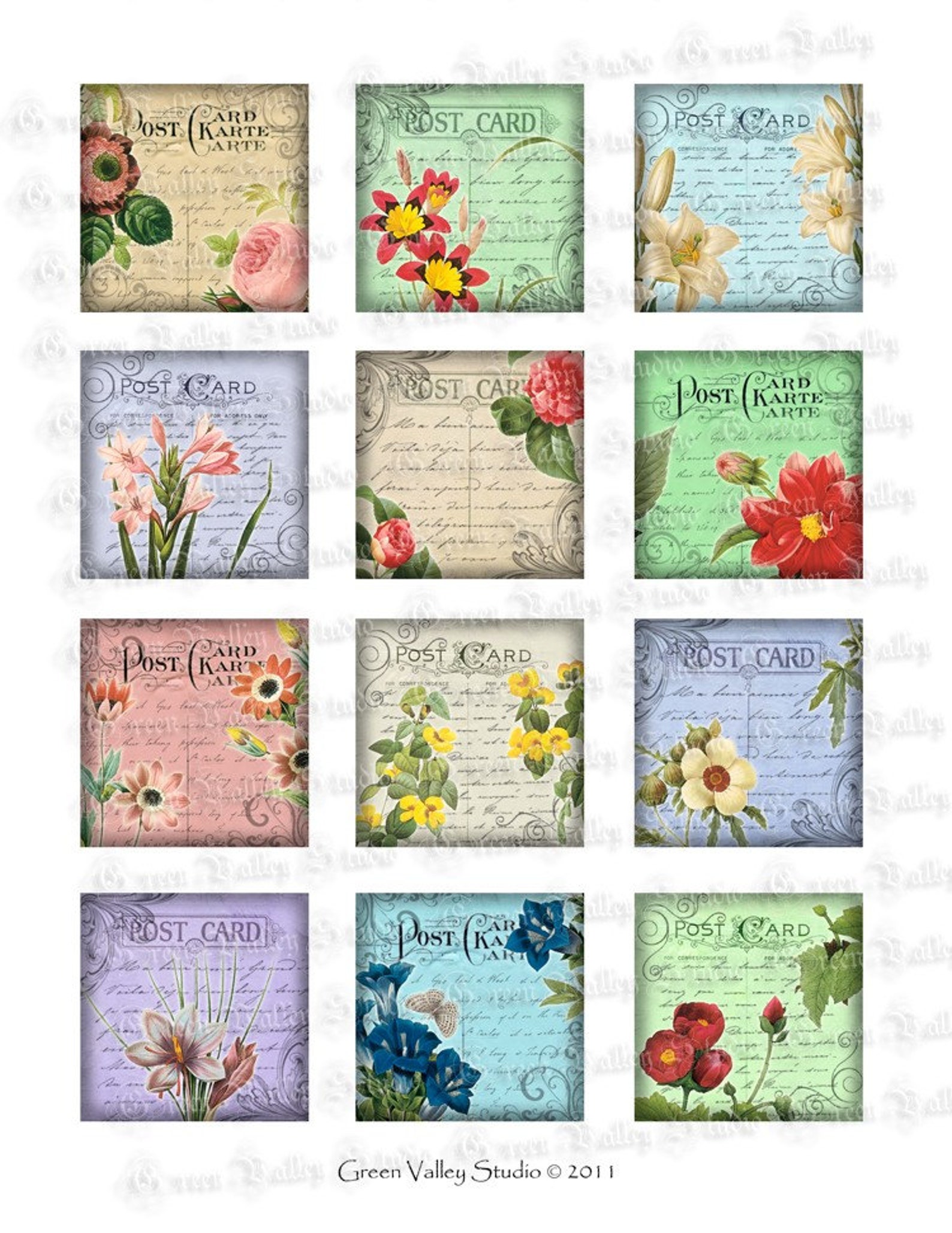 INSTANT DOWNLOAD Vintage Floral Postcards Digital Images Sheet Etsy