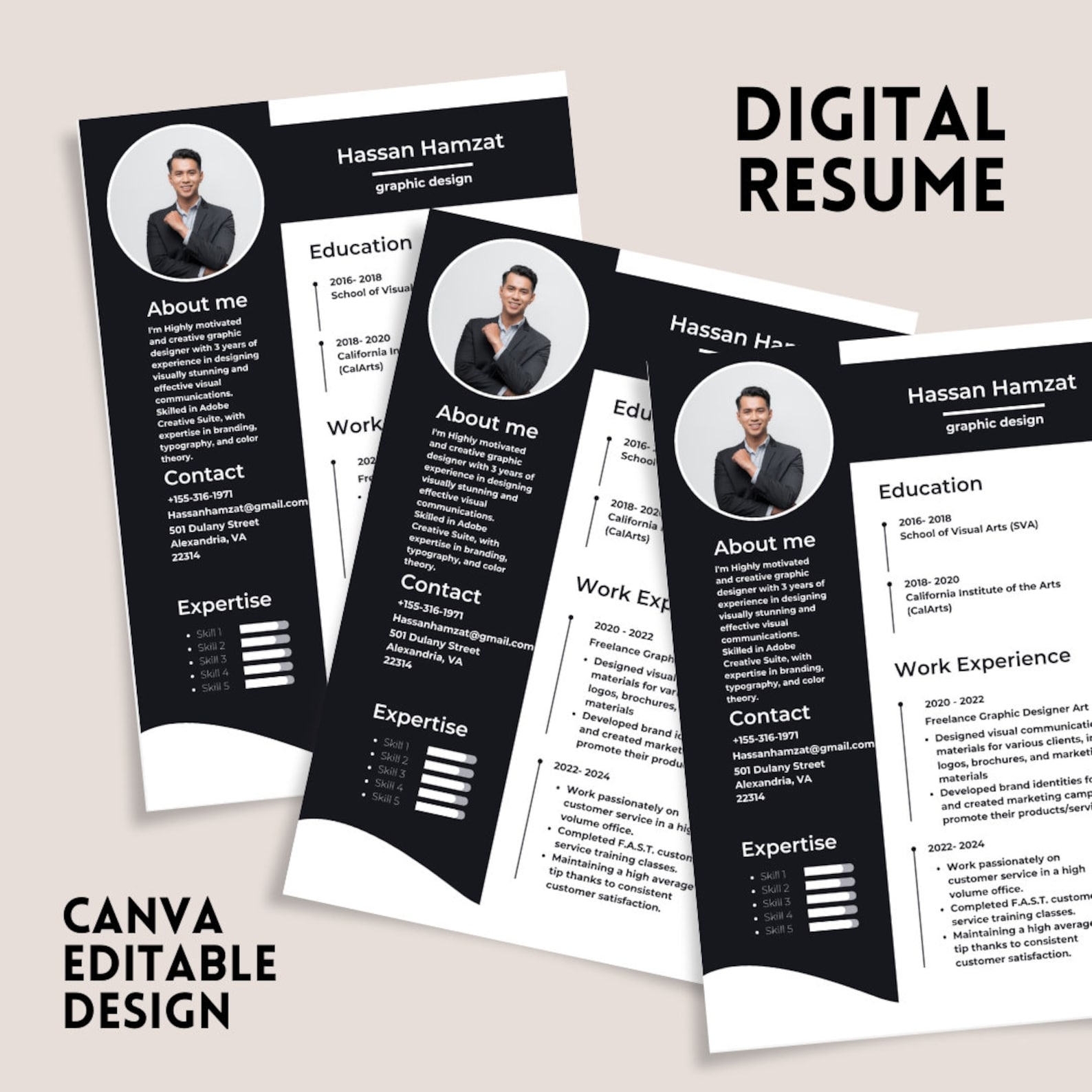 Graphic Design CV Resume Template, Black White Modern Resume