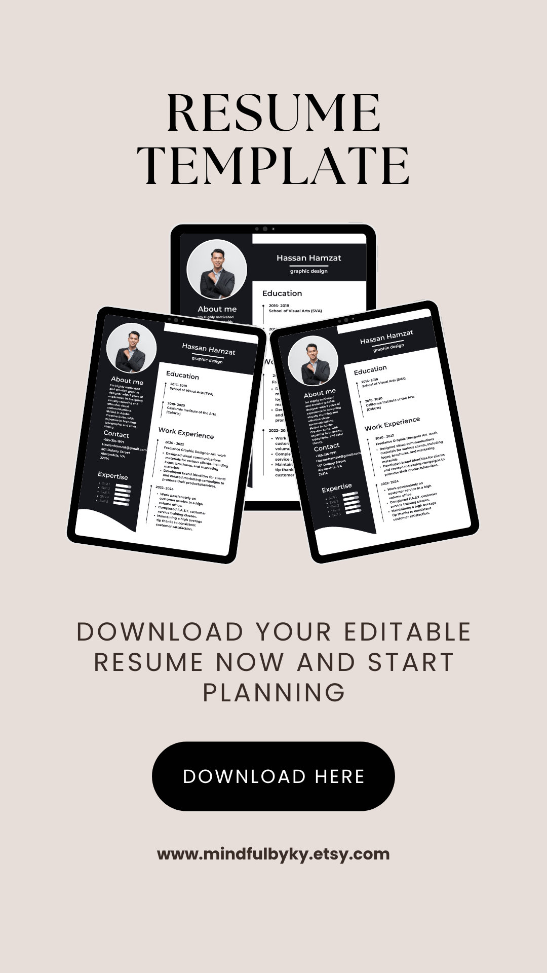 Graphic Design CV Resume Template, Black White Modern Resume