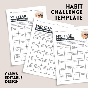 Könnte beinhalten: Eine druckbare Bingo-Kartenvorlage für eine Mid-Year-Habit-Challenge. Die Karte hat ein Raster mit Feldern, die Aufforderungen wie "Dein Lieblingsfach", "Dein bester Freund" und "Die herausforderndste Aktivität" enthalten.