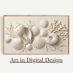 Puede incluir: Escultura en relieve rectangular blanquecina con diversas conchas marinas y coral. La obra de arte incluye una gran caracola, varias conchas de vieira y una concha de nautilus, todo en una paleta monocromática. El texto "Art in Digital Design" está en la parte inferior.