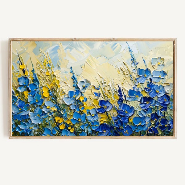 Blue and Yellow Wild Flowers Frame TV Art | Samsung Frame TV | Digital Download | Colorful Spring or Summer TV Frame | Digital Oil Painting