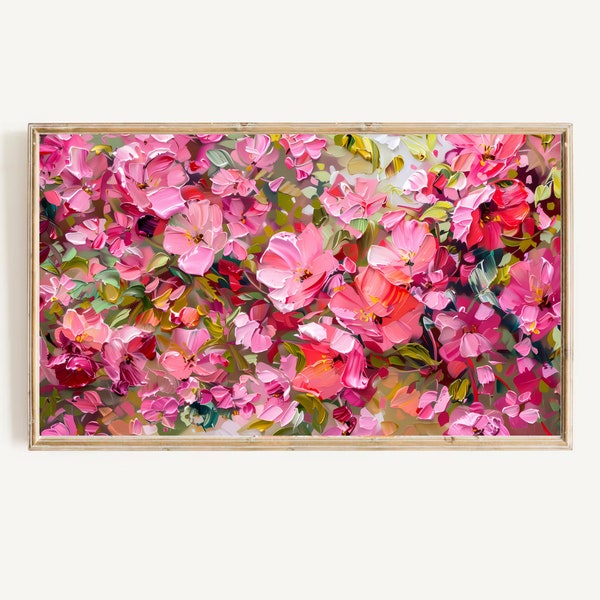 Wild Rose Flower Frame TV Art | Samsung Frame TV | Textured Pink Flowers Digital Download | Colorful Spring & Summer TV Frame | Oil Painting