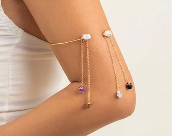 Gold Arm cuff - precious stone Arm, Woman's Jewelry Arm Bracelet Cuff Upper Arm Bangle, Trendish Gold Armband