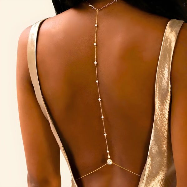 Gold Back Necklace Chain for Backless Gowns and Dresses - Backdrop Chain - Caitlynminimalist - Pearl Back Necklace