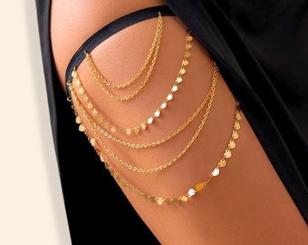 Gold Leg Chain with Heart Tassel Pendant, Dainty Anklet for Party Nightclub, Elegant Leg Jewelry Elastic