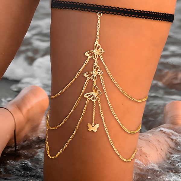 Gold Women's Thigh Chain | Leg & Thigh Collar Jewelry Set | Garter Belt Accessories and Thigh Accessories for Women