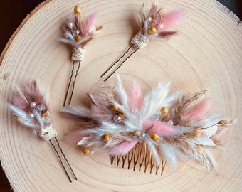 Hair accessories dried flowers/ bridal jewelry wedding pink white gold