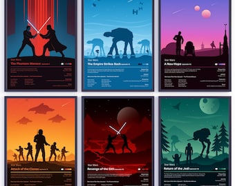 Star Wars Posters, Star Wars Trilogy, Minimal Movie Poster, The Phantom Menace, Revenge of the Sith, Empire Strikes Back Movie Poster