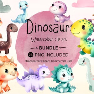 Watercolor Cartoon Dinosaur Clipart, 28 PNG Baby Dinosaur Clipart, Dino Birthday Party Decor, Cute Dinosaurs, Instant Download