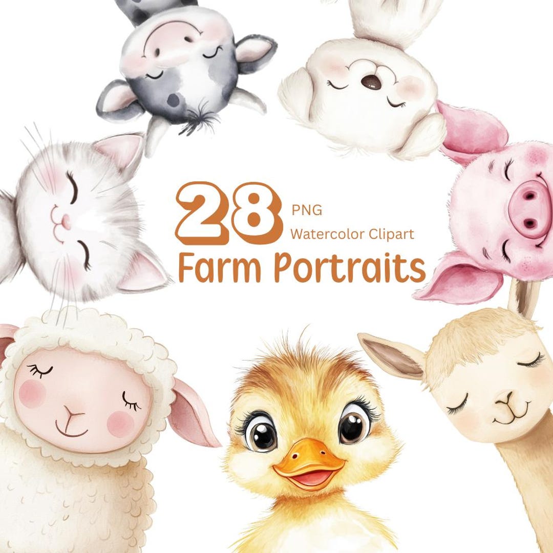 Watercolor Farm Portraits Clipart, Cute Animals Clipart, Baby Animals ...
