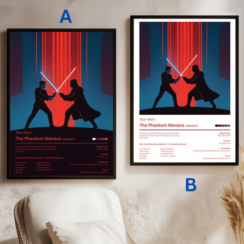 以下が含まれることがあります： 2つの額入りスターウォーズ映画ポスター。各ポスターは、赤と青の背景に対してライトセーバーを振るう2つのシルエットの人物を特徴とするミニマリストデザインです。「スターウォーズエピソード1/ファントム・メナス」のテキストが表示されます。