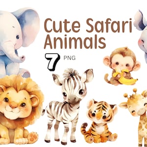 7 Clipart di animali del safari, leone, giraffa, arte per bambini, clipart di animali della giungla, simpatici animali ad acquerello, animali della giungla, download digitale