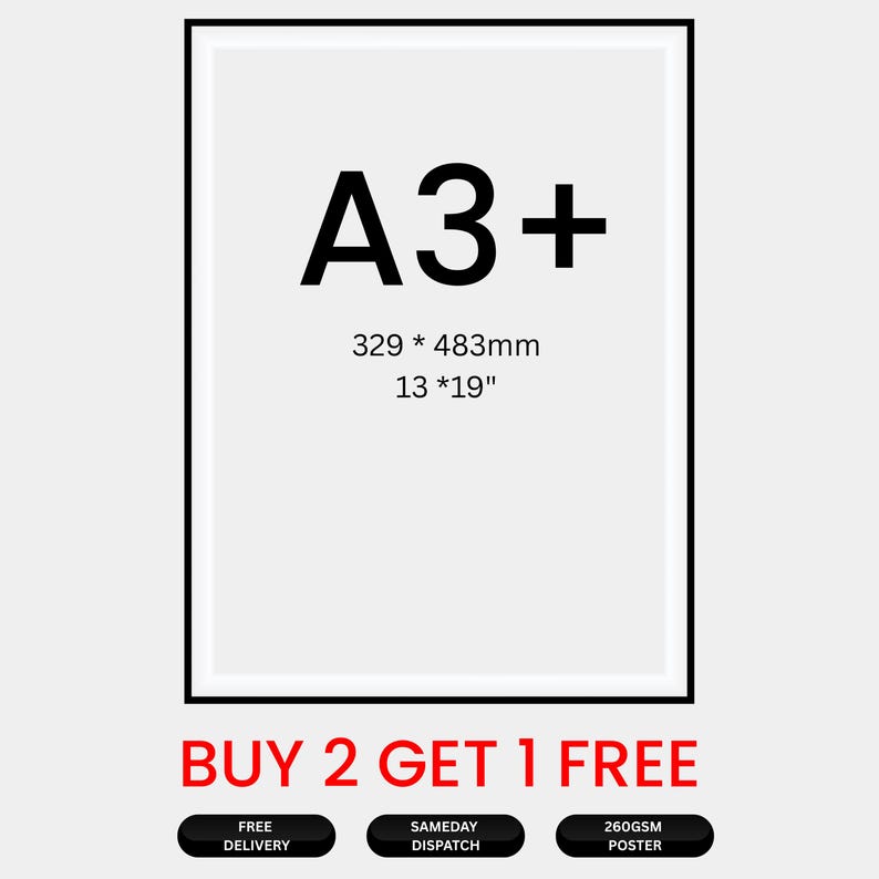 Op de afbeelding: A3+ poster in een zwarte lijst. De afmetingen van de poster zijn 329 x 483 mm (13 x 19 inch). De afbeelding bevat de tekst "KOOP 2 KRIJG 1 GRATIS" en andere tekst op zwarte ovalen.
