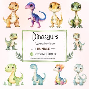 Clipart de dinosaurio de dibujos animados en acuarela, 53 imágenes PNG de dinosaurios bebés, decoración para fiesta de cumpleaños de dinosaurios, dinosaurios adorables, descarga instantánea