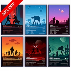 Pode incluir: Seis cartazes emoldurados de filmes de Star Wars. Cada cartaz apresenta arte minimalista com silhuetas de personagens e cenas. Os títulos incluem "A Ameaça Fantasma", "O Império Contra-Ataca", "Uma Nova Esperança", "Ataque dos Clones", "A Vingança dos Sith" e "O Retorno de Jedi".