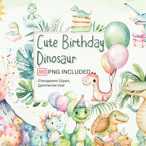 Watercolor Cartoon Dinosaur Clipart, 100 PNG Baby Dinosaur Clipart, Dino Birthday Party Decor, Cute Dinosaurs, Instant Download