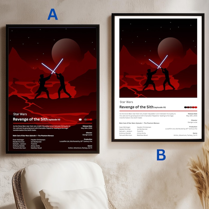 以下が含まれることがあります： 2つの額入りスターウォーズ映画ポスター。ポスターは赤と黒の配色で、ライトセーバーで戦うキャラクターのシルエットが特徴です。「Revenge of the Sith」のテキストが表示されています。
