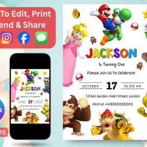 Editable birthday invitation digital, super brothers invite, editable in canva printable download, video game kid invite, thank you card