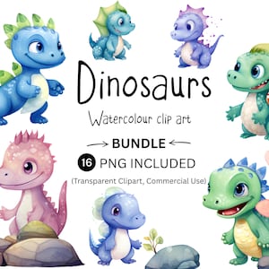 Watercolor Cartoon Dinosaur Clipart, 16 PNG Baby Dinosaur Clipart, Dino Birthday Party Decor, Cute Dinosaurs, Instant Download