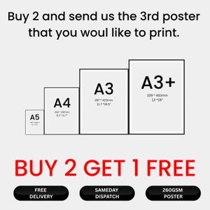 Op de afbeelding: Afbeelding met verschillende posterformaten: A5, A4, A3 en A3+. De A3+ poster meet 32,9 cm x 48,3 cm. Tekst luidt: "Koop er 2 en stuur ons de 3e poster die je wilt laten printen." Daaronder staat de tekst "KOOP 2 KRIJG 1 GRATIS".