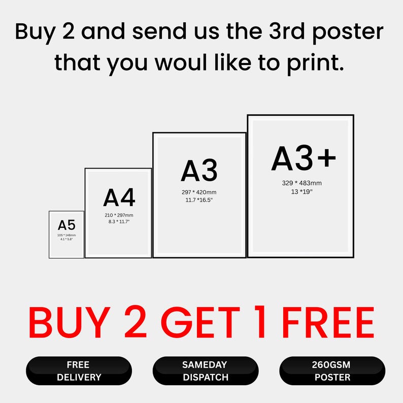 Op de afbeelding: Afbeelding met verschillende posterformaten: A5, A4, A3 en A3+. De A3+ poster meet 32,9 cm x 48,3 cm. Tekst luidt: "Koop er 2 en stuur ons de 3e poster die je wilt laten printen." Daaronder staat de tekst "KOOP 2 KRIJG 1 GRATIS".