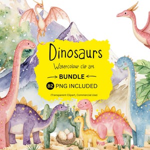 Watercolor Cartoon Dinosaur Clipart, 82 PNG Baby Dinosaur Clipart, Dino Birthday Party Decor, Cute Dinosaurs, Instant Download