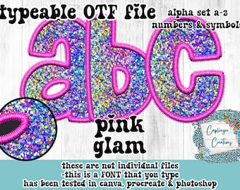 Pink Glam Faux Embroidery Glitter Alpha FONT A-Z | TYPEABLE FONT