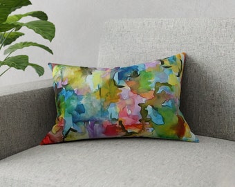 Abstract watercolor lumbar pillow, Vivid maximalist couch cushion, Expressionist art sofa decor