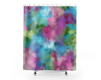 Abstract botanical shower curtain, Modern Impressionist watercolor art bath, Jewel tones bathroom