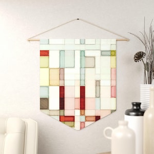Tapiz de pared geométrico de acuarela, tapiz moderno abstracto de mediados de siglo.