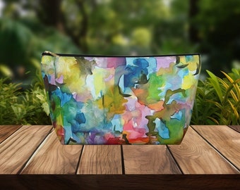 Watercolor zip pouch, All occasion gift, Abstract rainbow cosmetic bag