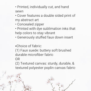 This is a text image detailing the pillow features and available fabric options.