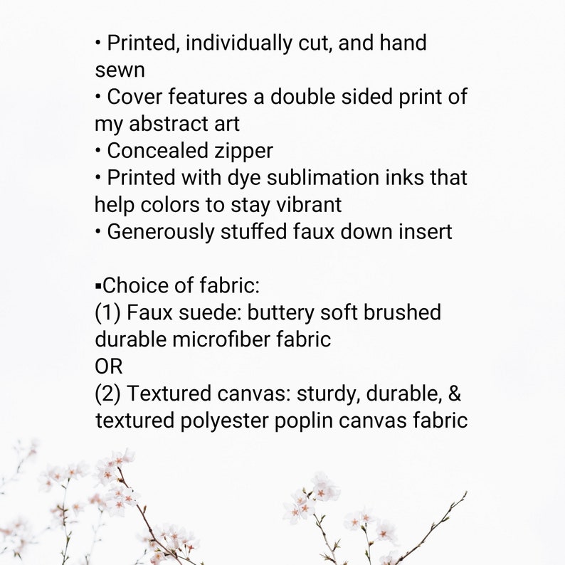 This is a text image detailing the pillow features and available fabric options.