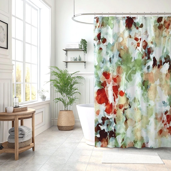 Abstract botanical shower curtain, Floral watercolor art bathroom decor
