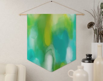 Watercolor tapestry, Abstract banner, Minimalist pennant, Vivid wall hanging, Coastal textile art